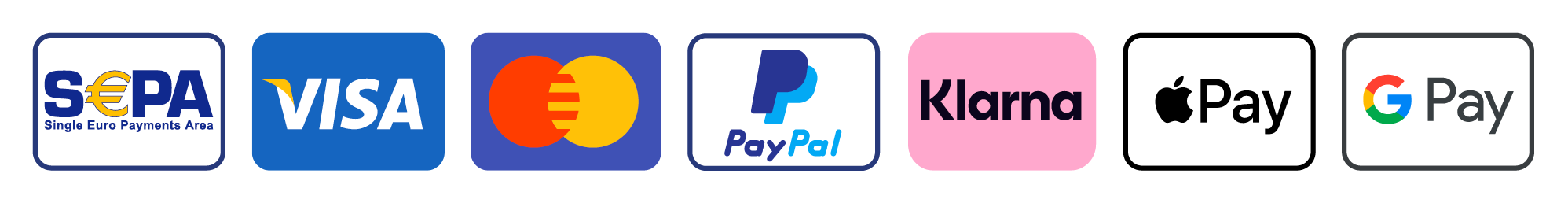 Zahlungsmethoden: SEPA, VISA, Mastercard, PayPal, Klarna, Apple Pay, Google Pay